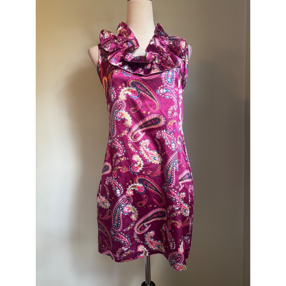 Paisley Ruffl Satin mini Dress Plum Pink S whimsi boho preppy floral resort prep